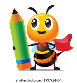 Back to school. Cartoon cute bee character wearing red cloak and holding a big green pencil and ready back to school. 