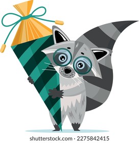 Back to school. Cartoon cute racoon goes to school with school cone. Vector illustration.
