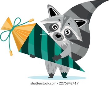 De vuelta a la escuela. Cartoon lindo racoon va a la escuela con cono escolar. Ilustración vectorial.