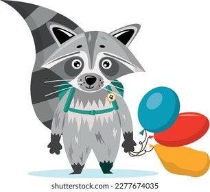 Back to school. Cartoon cute racoon goes to school with school bag and balloons. Vector illustration.