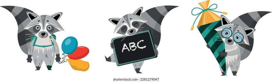 De vuelta a la escuela. Cartoon lindo racoon va a la escuela con cono escolar. Conjunto de ilustraciones vectoriales.