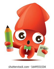 Caricatura calamar lindo con bolera verde tomando orden de comida con lápiz verde, personaje de mascota vectorial - vector 