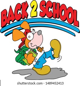 Back To School Cartoon Dog Character marching to his classes, with his book and backpack in hand. Features vibrant Back 2 School headline text.