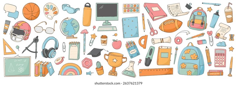 Back to school cartoon elements, school supplies doodles set, clipart for stickers, social media, stationery, banners, posters, cards, prints, icons, etc. EPS 10
