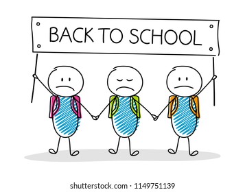 Back to school - cartoon friends holding banner. Vector.