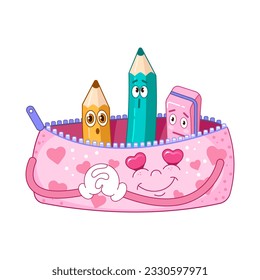 Back to school. Cartoon funky pencil case with pencils and eraser. Characters in retro groove style. Vector illustration