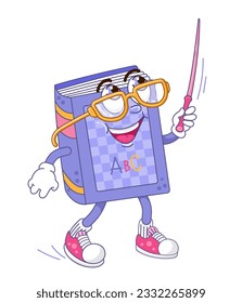 Back to school. Cartoon funky smart book with glasses and a pointer. Characters in retro groove style. Vector illustration