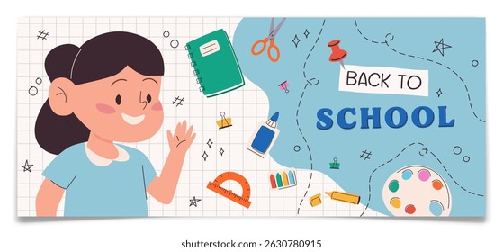Back to School Cartoon Horizontal Banner with school supplies and cartoon girl character. Notepad checkered paper background with drawing elements. Back to school, education concept poster. Vector.