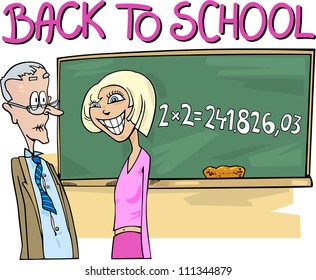 Back to School: Cartoon Humorous Illustration of Teenage Girl doing Mathematics Task at Blackboard and Surprised Teacher