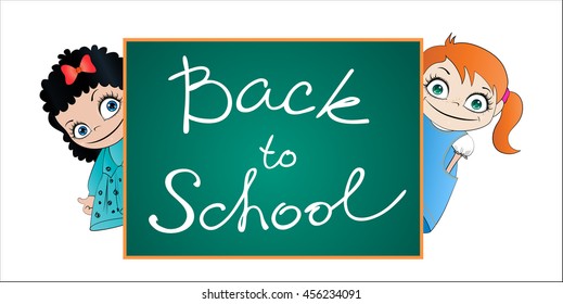 Back to School. Cartoon illustration of a two girls pupil at the school board isolated on white background.