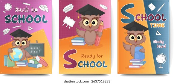 Back to school cartoon owl posters – education vector set for kids