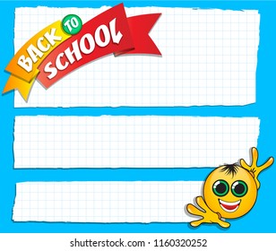 Back to school cartoon poster Text with original emoji. In the style of colorful comics pop art. Design element for the design of leaflets, cards, envelopes, covers, flyers sales. vector illustration