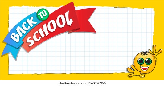 Back to school cartoon poster Text with original emoji. In the style of colorful comics pop art. Design element for the design of leaflets, cards, envelopes, covers, flyers sales. vector illustration