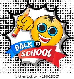 Back To School Cartoon Poster Text With Original Emoji. In The Style Of Colorful Comics Pop Art. Design Element For The Design Of Leaflets, Cards, Envelopes, Covers, Flyers Sales. Vector Illustration