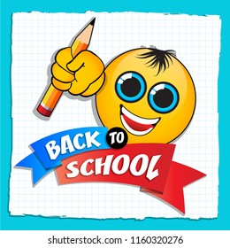 Back to school cartoon poster Text with original emoji. In the style of colorful comics pop art. Design element for the design of leaflets, cards, envelopes, covers, flyers sales. vector illustration