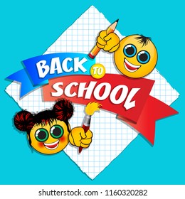 Back to school cartoon poster Text with original emoji. In the style of colorful comics pop art. Design element for the design of leaflets, cards, envelopes, covers, flyers sales. vector illustration