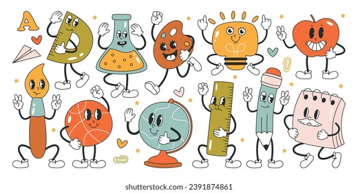 Back to school cartoon retro groovy characters set. Educational stationery and studying supplies funny mascot vector illustration. Hippie ruler, globe, chemical flask design for decorative, sticker