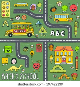 Back to school. Cartoon seamless pattern. Hand drawn vector illustration.