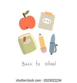 back to school. Cartoon set for children with thematic elements, hand drawing lettering. Colorful vector illustration, flat style. design for cards, print, poster, cover