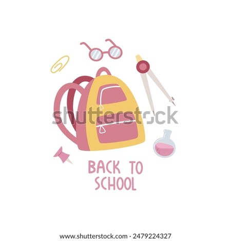 Back to school. Cartoon set for children with thematic elements, hand drawing lettering. Colorful vector illustration, flat style. design for cards, print, poster, cover
