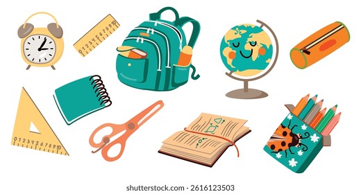 Back to school cartoon set with globe, backpack, notebook or textbook, ruler, triangle, pencil case, scissors, colored pencils, alarm clock. Vector designs on white background. Flat color illustration