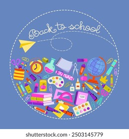 Back to school, cartoon set of stationery. Hand drawn school supplies. Education objects for student. Backpack, book, globe, pen, pencil, paints, ruler, brushes, glue. Vector flat illustration.