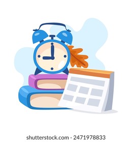 Back to school cartoon style vector illustration. Education concept for school or university with books, calendar or planner and alarm clock. Cute colorful flat style elements isolated on white.