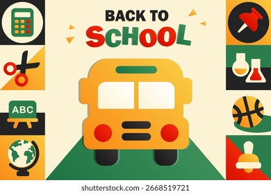 Anuncio de Vector de dibujos animados de regreso a la escuela con autobús escolar amarillo, íconos de mochila, calculadora, herramientas de laboratorio y bloque de alfabeto, diseño de barra lateral geométrica, texto en negrita y cuadrícula de colores. Tarjeta de educación de moda