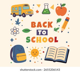 Vector de dibujos animados de regreso a la escuela con iconos de sol y autobús del bolso del libro