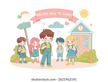 Back to School Cartoon Vector, Cute children going to school together. Little different kids are happy to be back to school. Flat vector illustration 