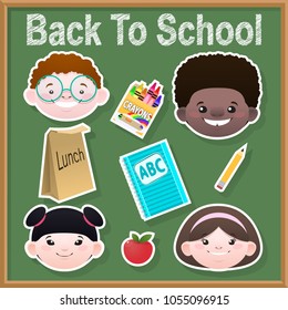 Back to school cartoon vector illustration. Smiling kids faces isolated on background