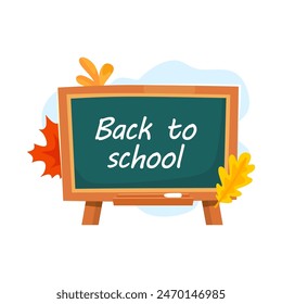 Ilustración vectorial de dibujos animados de vuelta al colegio. Concepto educativo de estilo plano con pizarra verde, tiza Inscripción y hojas de otoño. Clipart de aula Abstractas, gráfica educativa, tema de otoño.