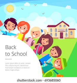 Back to school cartoon vector illustration depicting smiling boys and girls on sunny day standing in front of their educational institution
