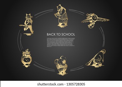 Back to school - cat with satchel, bear with book, bird with bag, panda with schoolbag, hedgehog with heap of books and reading elephant vector concept set. Hand drawn sketch isolated illustration