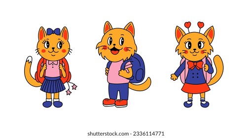 Zurück zu Schulkatzen. Kleine, lustige Kätzchen in Schuluniform mit Rucksack. Lebhafte kindliche Tiere im Anime-Stil für Druck, Kinder, Jungen, Mädchen. Vektorgrafik