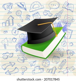 Back to school celebration card with graduation hat and a set of hand-drawn doodle study items