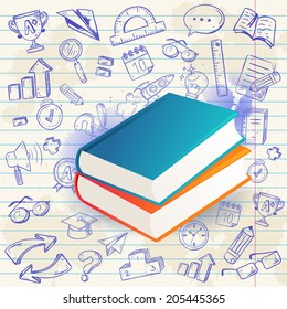 Back to school celebration card with realistic exercise books and a set of hand-drawn doodle study items