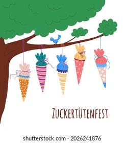 Back to school celebration in the park.School cones hanging on the tree.Template for poster,invitation to celebrate enrollment. German text, school cones celebration.Vector illustration in flat style.