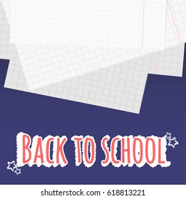 Back to school. Cell lined notebook sheet squares. Realistic math blank paper note on blue background for business or School. Vector illustration.