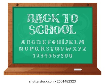 Back to School Chalk Alphabet on Green Board. Hand drawn chalk serif font. Wooden frame with chalk tray. Perfect for education designs, school themes or vintage typography projects. Vector. 