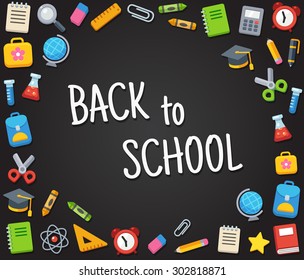 Back to school chalk banner surrounded by bright school objects.
