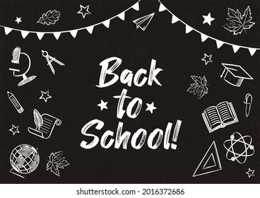 Back to School chalk banner. White Flags and school items on a blackboard. Blank for school banner, presentation, template, card. Vector illustration