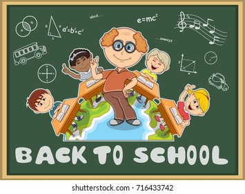 Back to School and chalk board, children, teacher cartoon vector illustration
