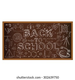 Back to school chalk board. Set of school doodles on brown background. Vector Illustration.