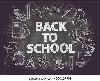 Back To School Chalk Doodle Background On Blackboard