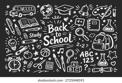 Back to school chalk doodle icon set with education elements and classroom symbols on transparent background