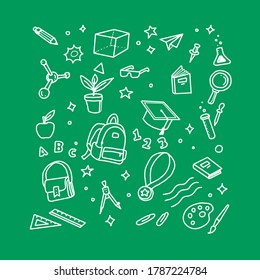 Back to school in chalk doodle style on blackboard. Template of a school poster with hand drawn accessories and icon. Banner template with school supplies