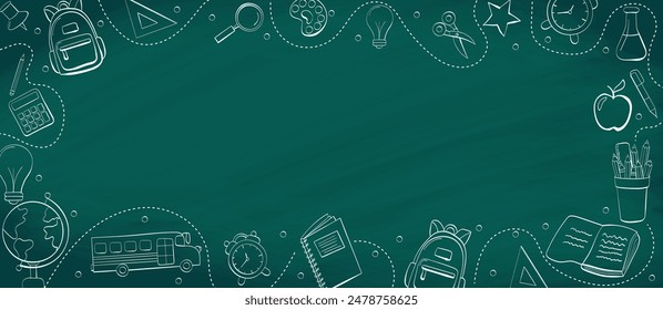 Back to school in chalk doodle style on blackboard. Template of a school poster with hand drawn accessories and copyspace. Banner template with school supplies frame. Vector illustration