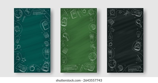 Back to school in chalk doodle style on blackboard. Template of a school poster with hand drawn accessories and copyspace. Banner vertical template with school supplies frame. Vector illustration