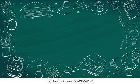 Back to school in chalk doodle style on blackboard. Template of a school poster with hand drawn accessories and copyspace. Banner template with school supplies frame. Vector illustration